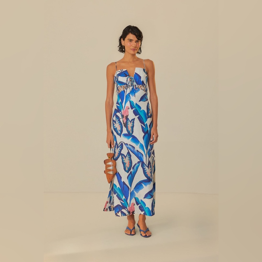 NWOT Farm Rio Off-White Blue Foliage Maxi Dress XL